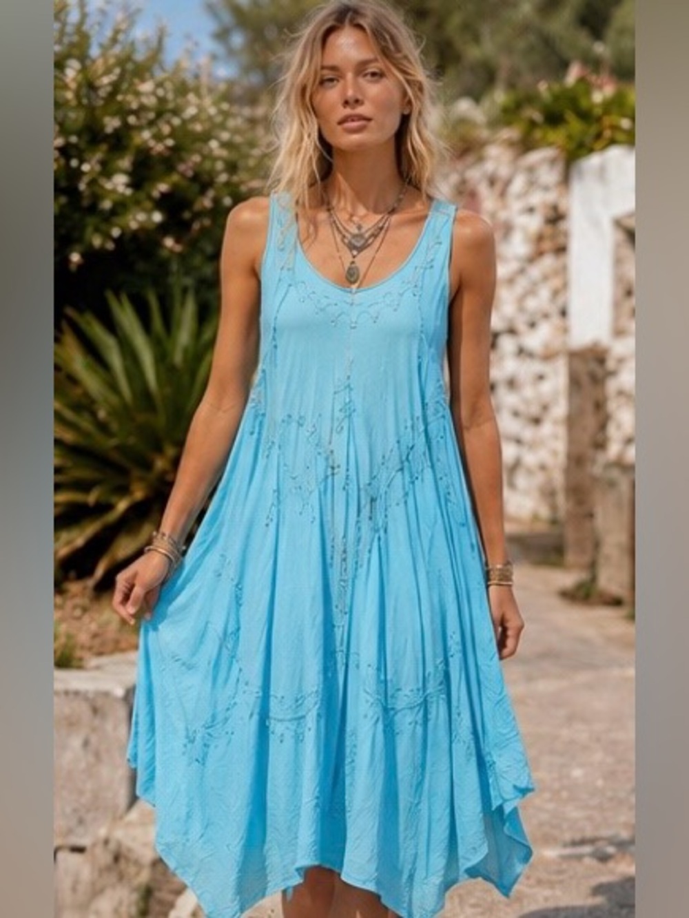 Made in India Aqua Boho Embroidered Handkerchief Dress Free One Size